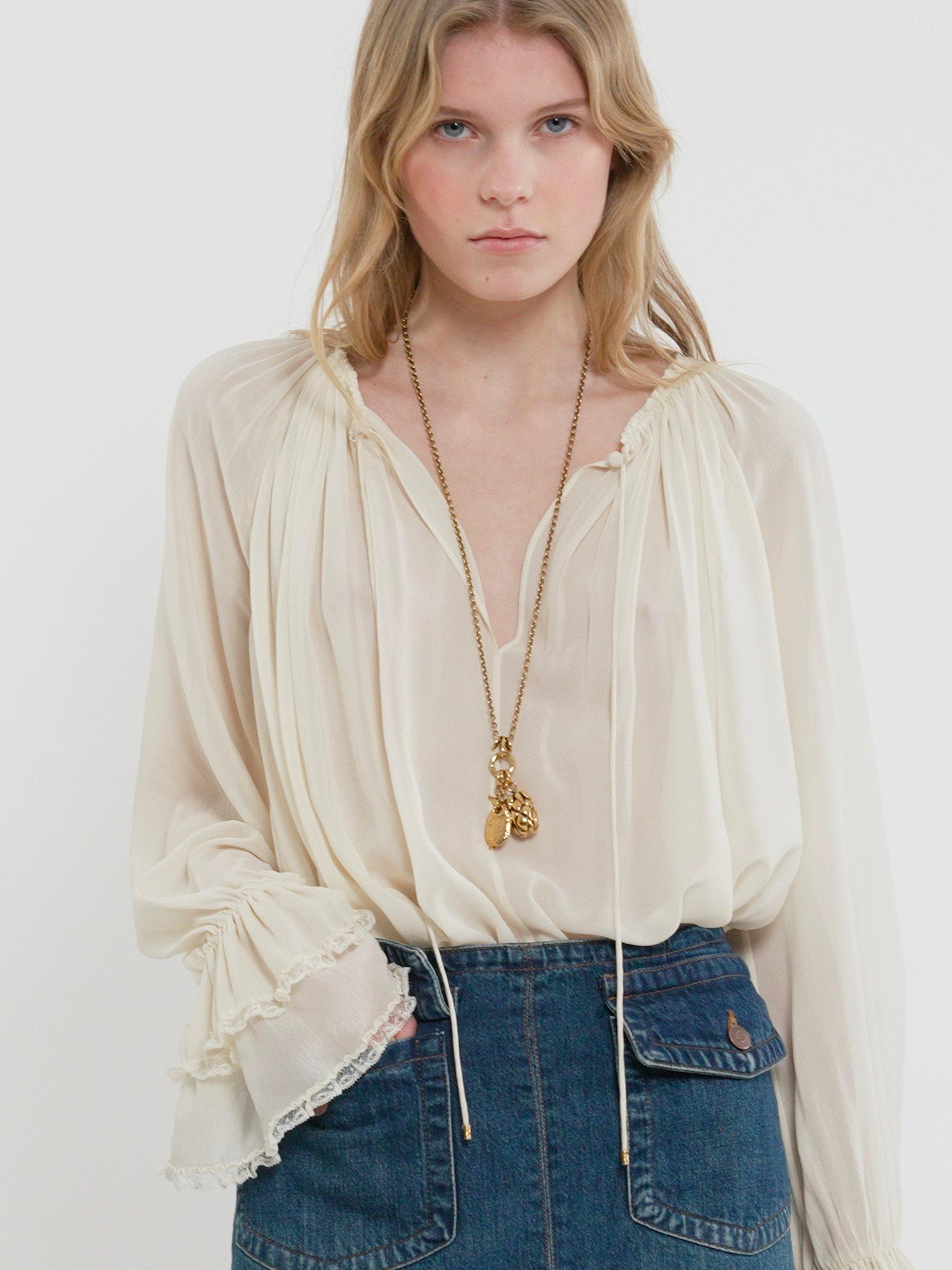 Gathered V-neck top in silk georgette Product Image
