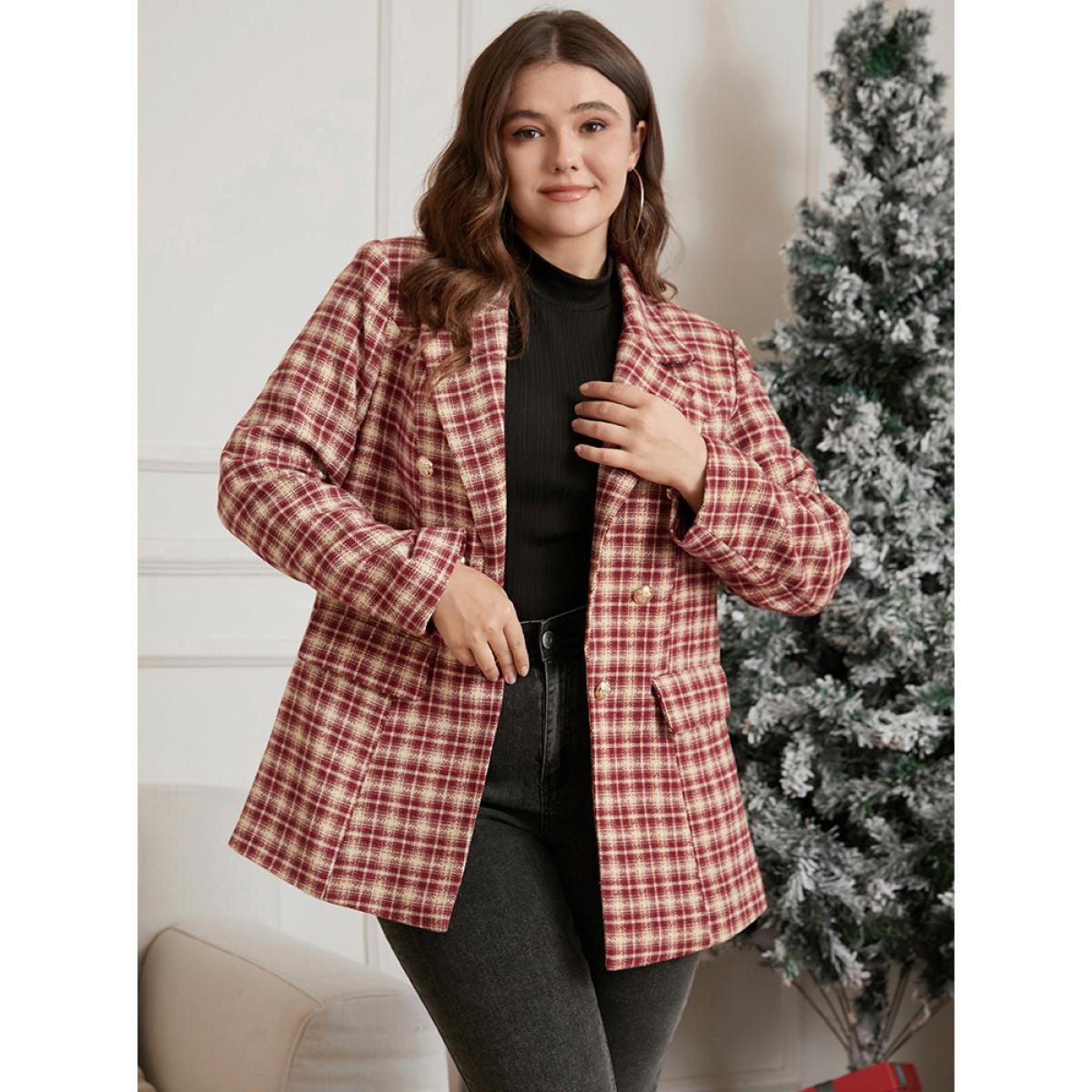 Plus Size Plaid Suit Collar Button Detail Flap Pocket Coat Women Scarlet Elegant Ladies Dailywear Winter Coats BloomChic 26/4X Product Image