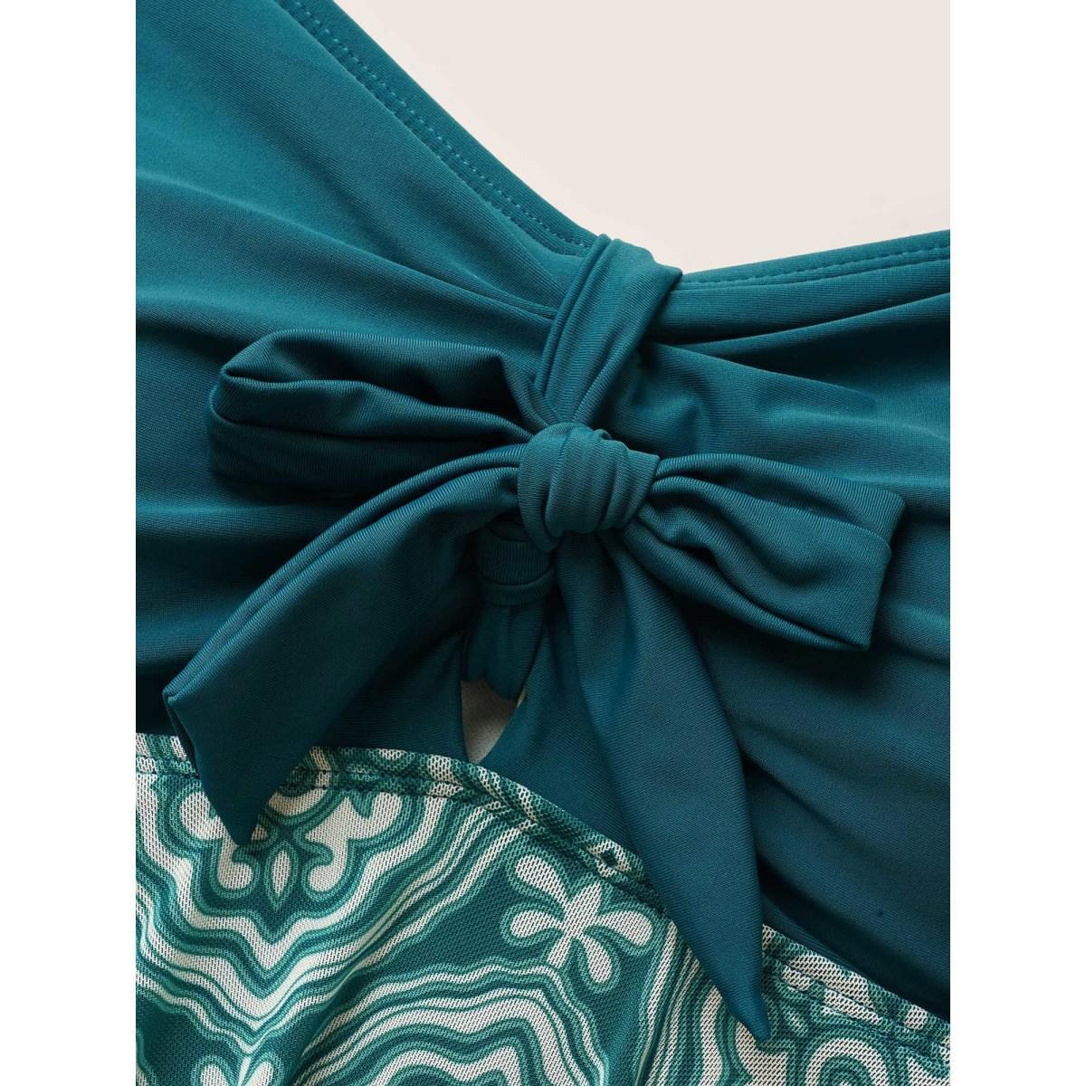 Plus Size Boho Print Patchwork Tie Knot Gathered Swim Dress Women's Swimwear DarkGreen Beach Bodycon Heart neckline High stretch Curve Swim Dresses BloomChic 22-24/3X Product Image
