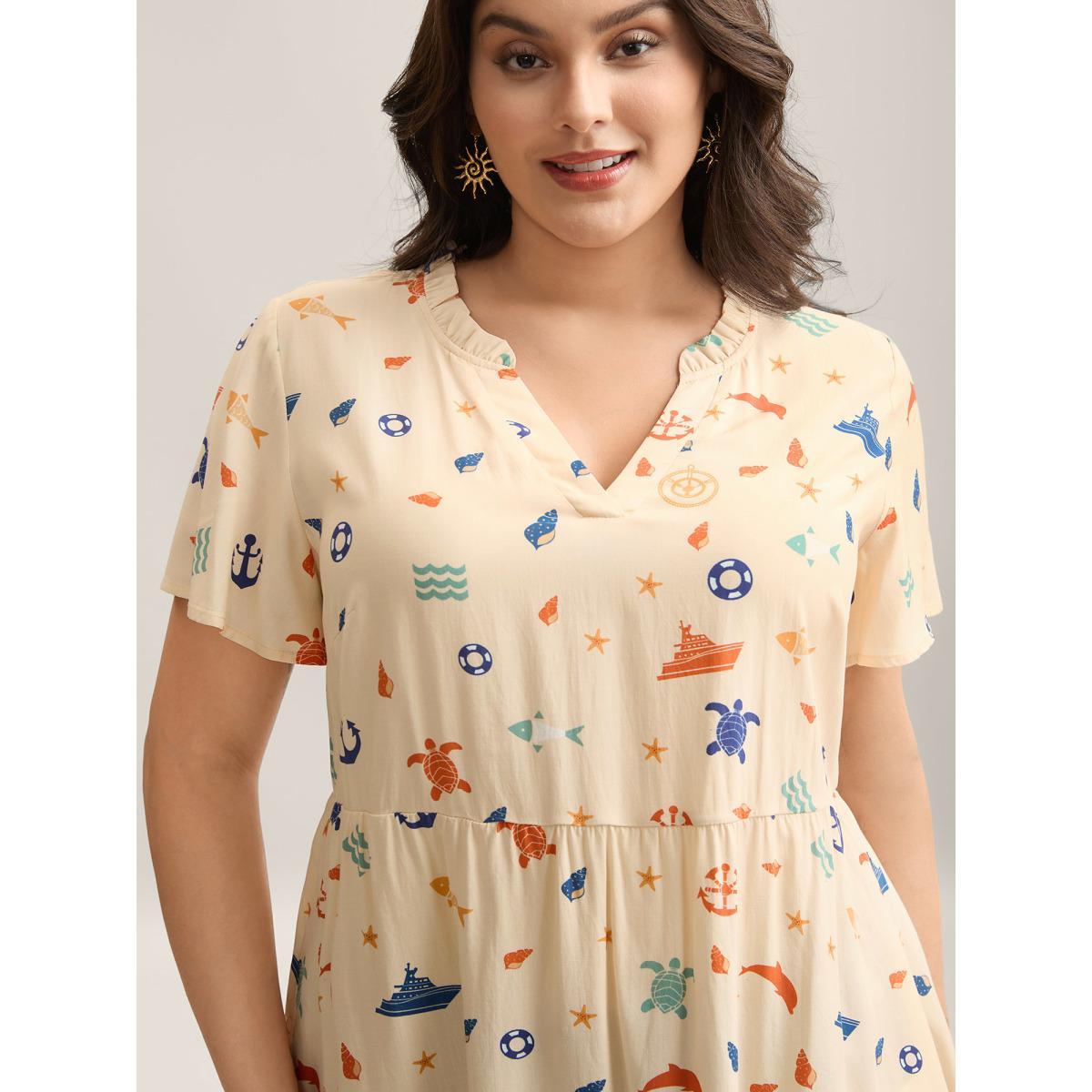 Plus Size Ivory Whimsical Print Stretchy Waist Rayon Blouse Women Short sleeve Flat collar with V-notch Vacation Blouses BloomChic 14-16/1X Product Image