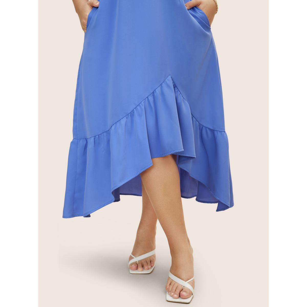Plus Size Solid Patchwork Ruffle Hem Midi Dress Skyblue Women Elegant Ruffles V-neck Sleeveless Curvy BloomChic 10/M Product Image