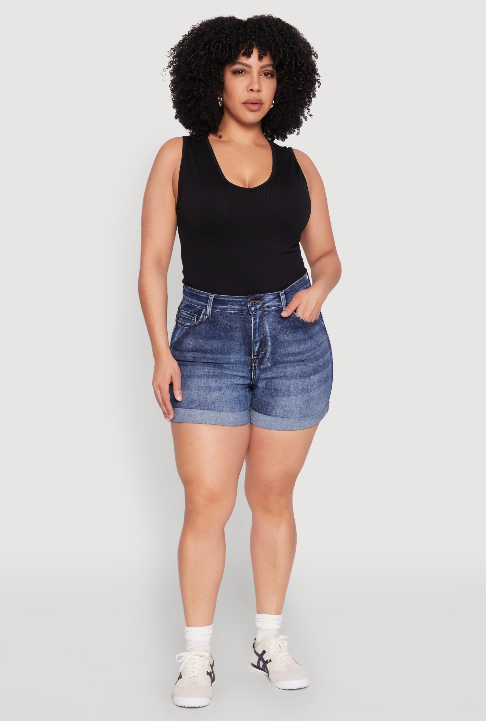 Womens Plus Size WAX High Waisted Whiskered Denim Shorts Product Image