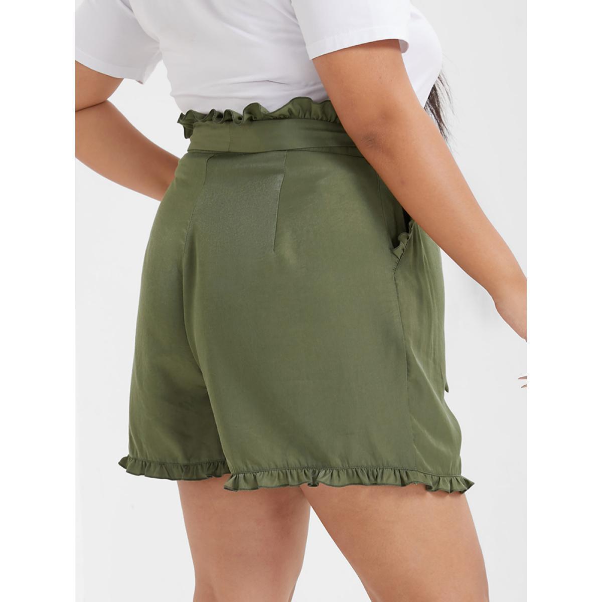 Plus Size Paperbag Waist Ruffle Belted Pocket Shorts Women ArmyGreen Casual Ruffles Dailywear Shorts BloomChic 18/2X Product Image