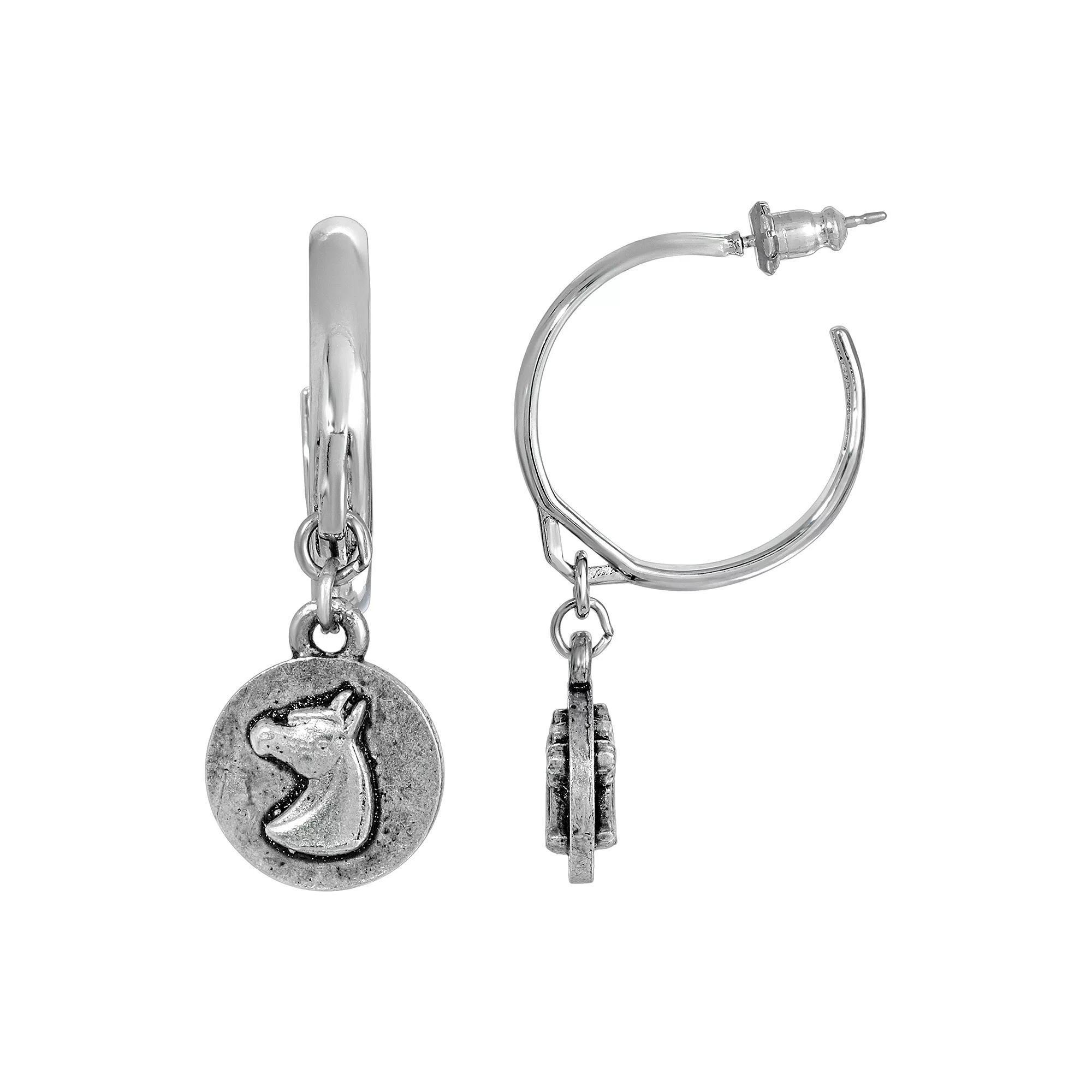 1928 Silver Tone Horse Medallion Huggie Earrings, Womens Product Image
