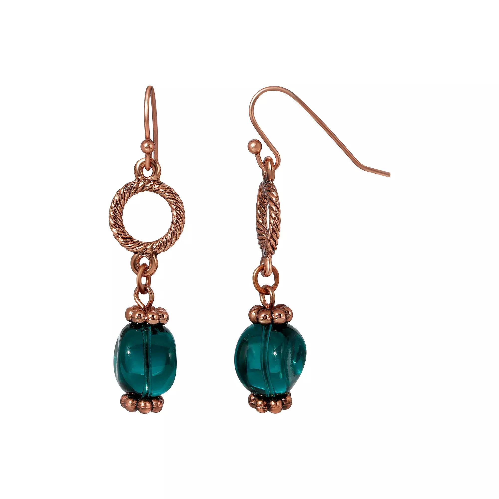 1928 Copper Tone Green Bead Wire Drop Earrings, Womens Product Image
