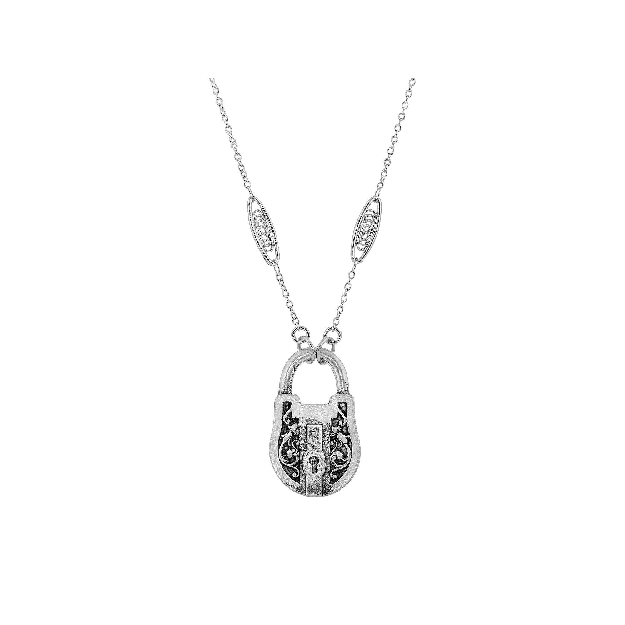1928 Antiqued Silver Tone Padlock Necklace, Womens Product Image