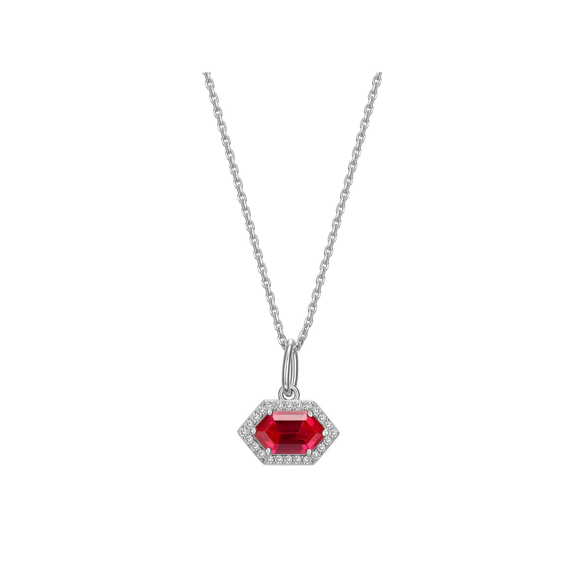 Rhodium-Plated Sterling Silver Lab-Created Ruby With Lab-Created White Sapphire Halo Pendant Necklace, Women's, Size: 16-18" ADJ Product Image