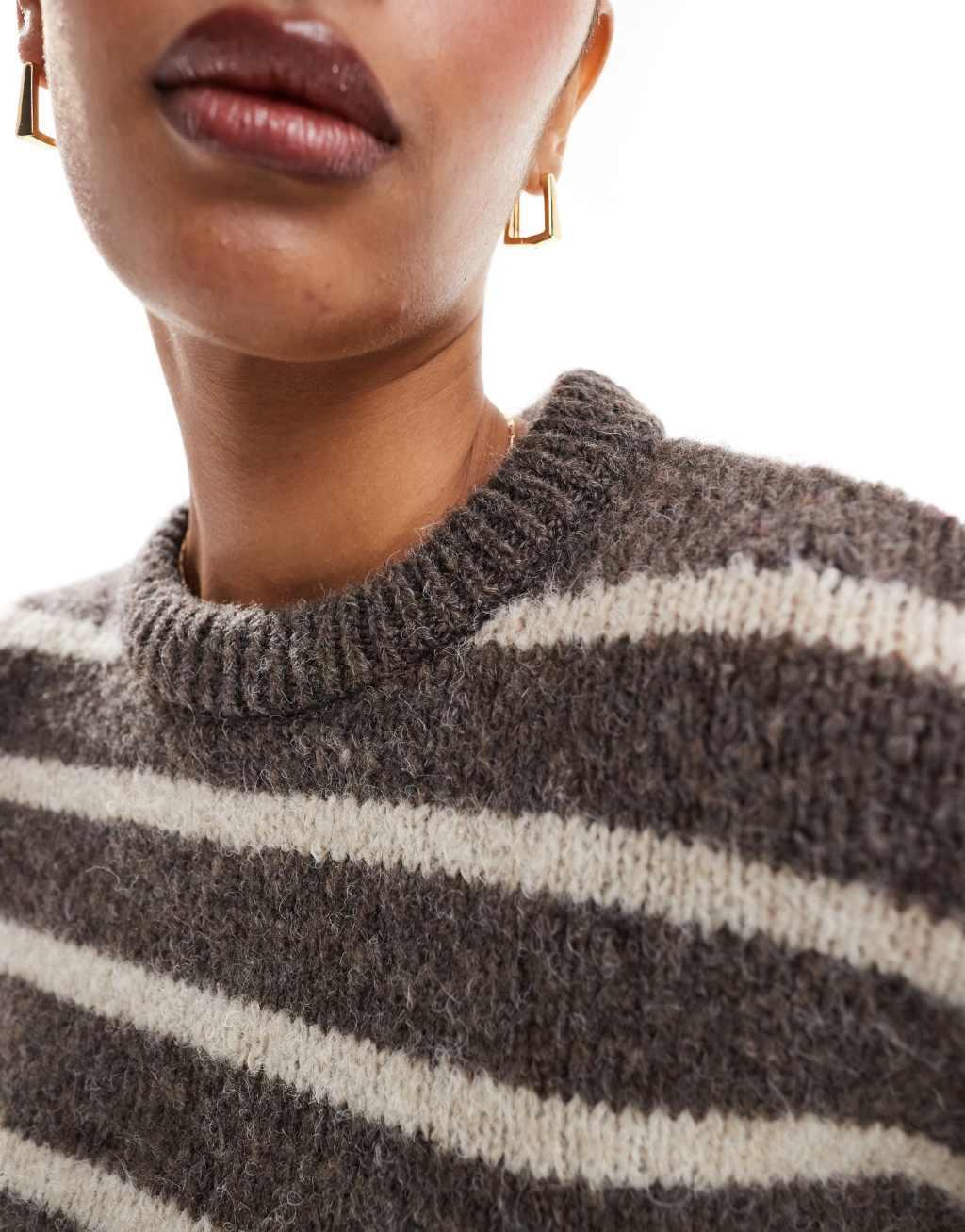 ASOS DESIGN fluffy knit sweater in brown stripe Product Image