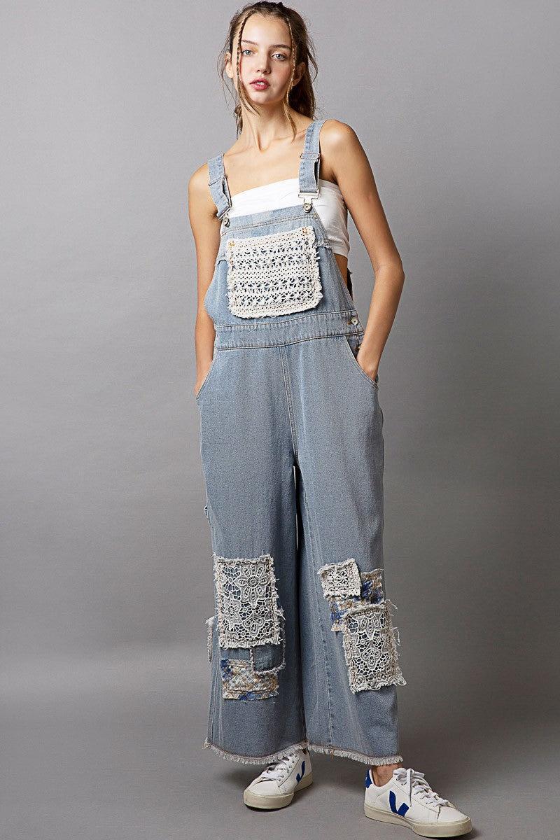 Crochet Patchwork Detail Denim Overalls Product Image