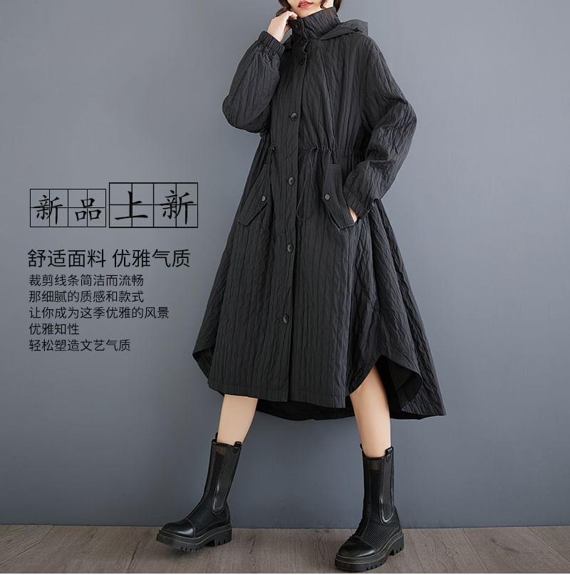 Stand Collar Plain Asymmetrical Hooded Midi Single-Breasted Coat Product Image