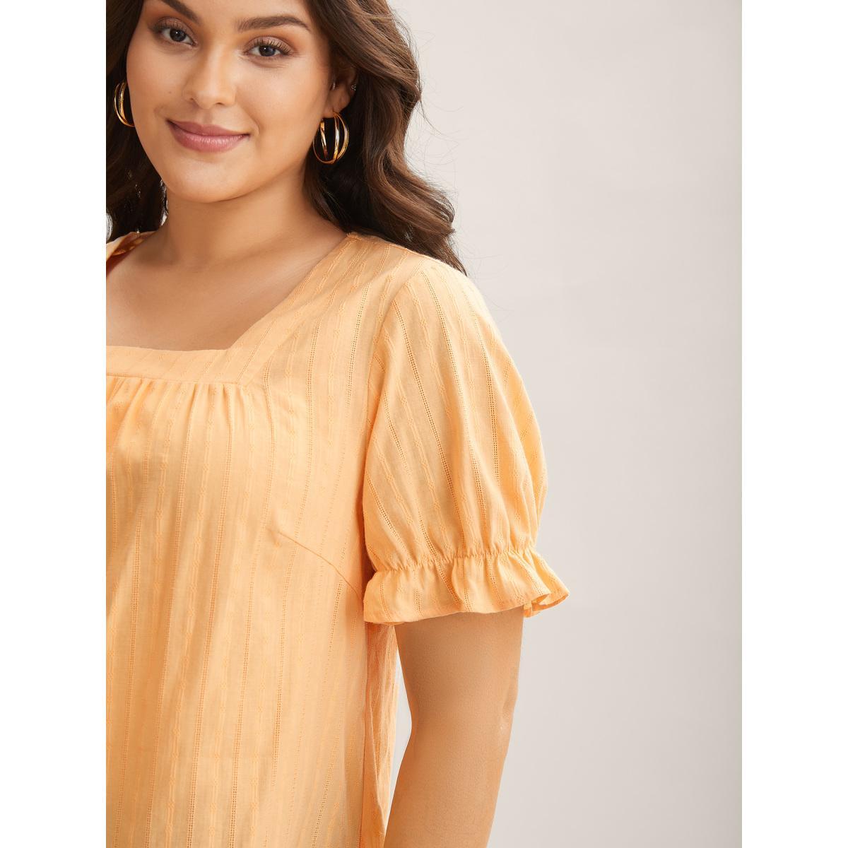 Plus Size Lightorange Cotton Square Neck Ruffled Sleeve Shirt Women Elegant Short sleeve Square Neck Everyday Blouses BloomChic 22-24/3X Product Image