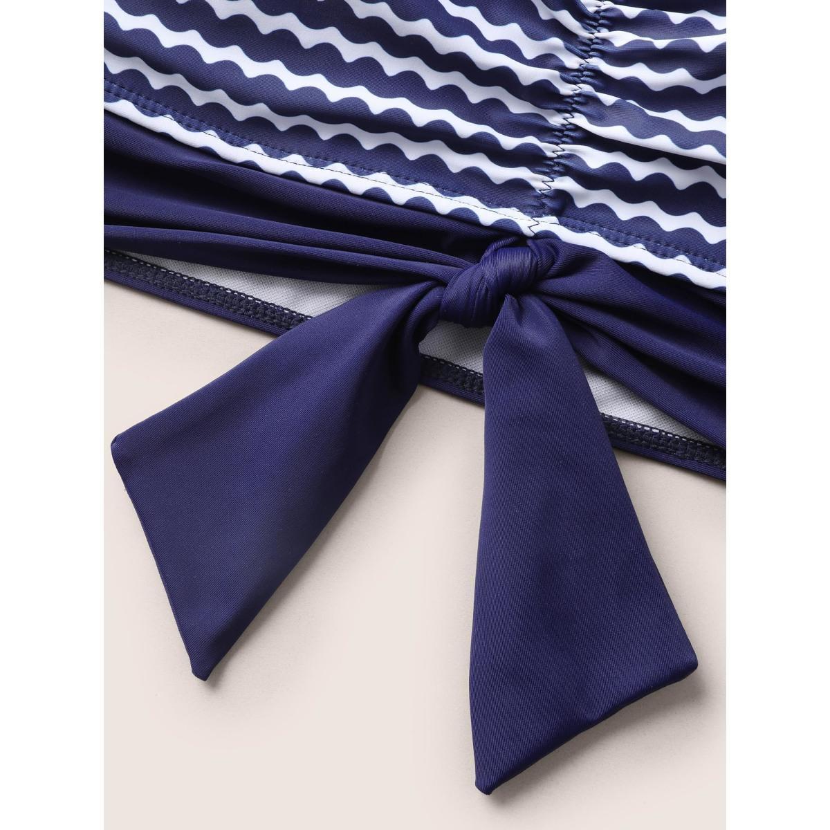 Plus Size Striped Patchwork Ruched Tie Knot Swim Top Women's Swimwear Navy Beach Tie knot High stretch Skinny V-neck Curve Swim Tops BloomChic 14-16/1X Product Image