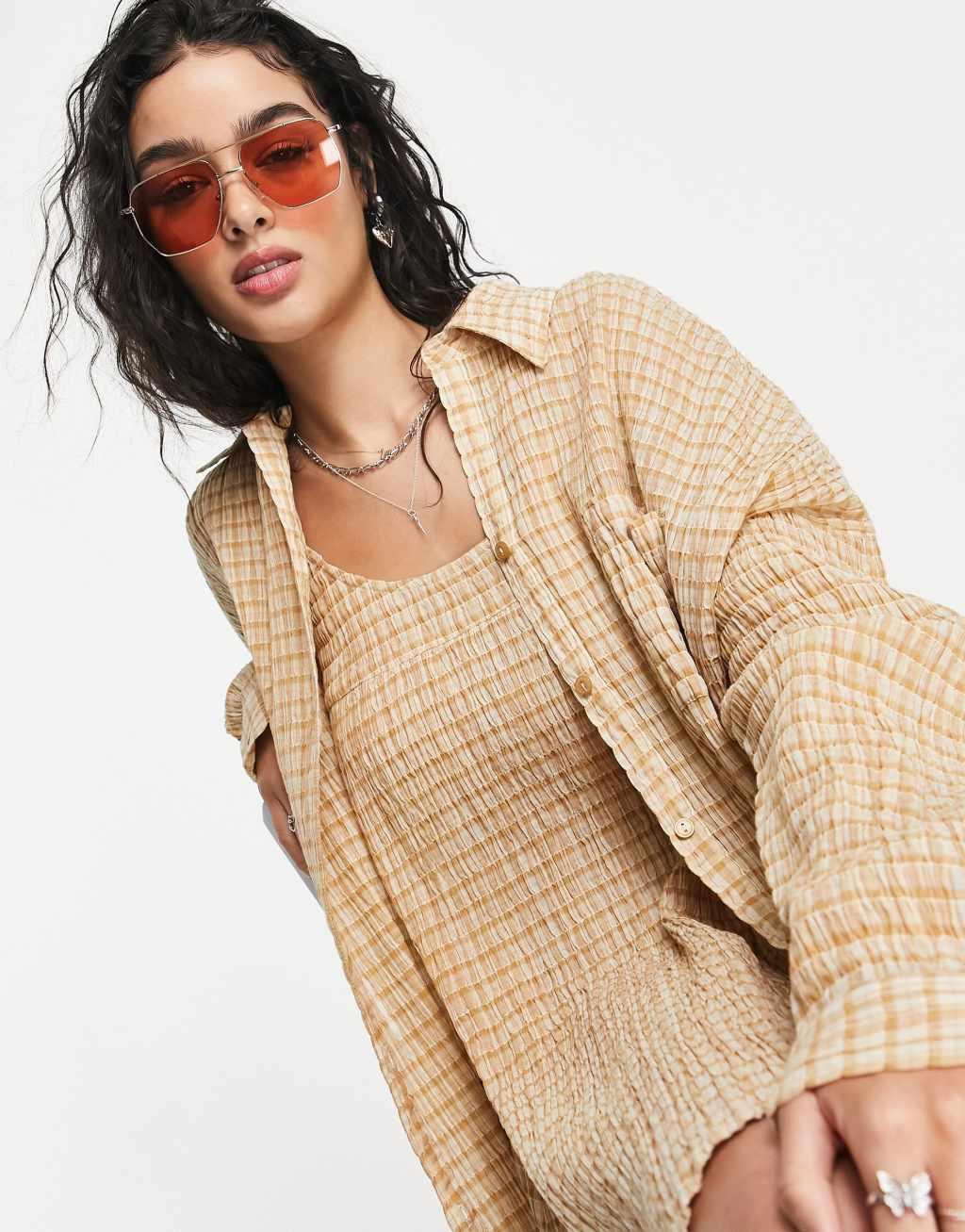Topshop check crinkle oversize beach shirt in camel  Product Image