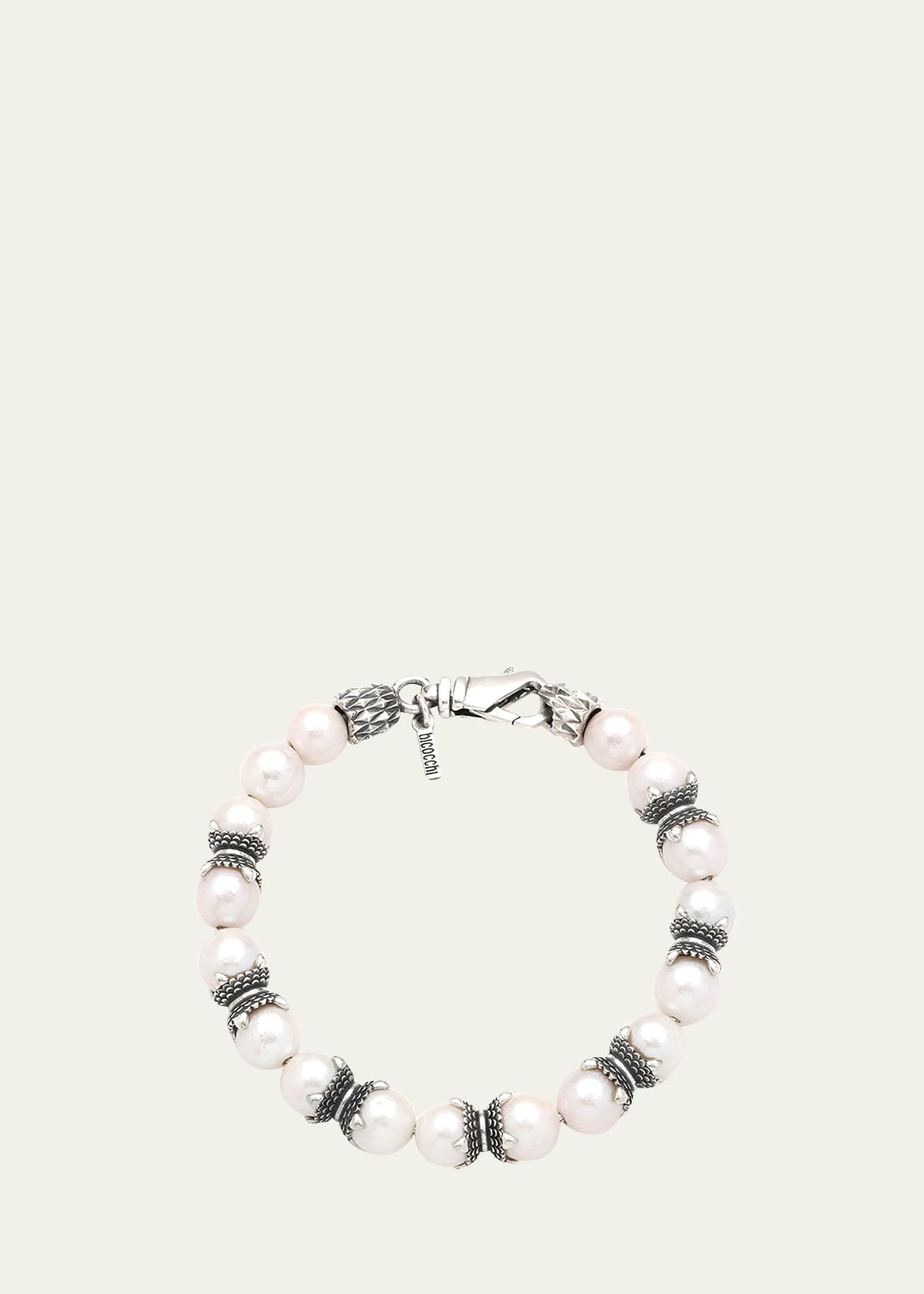 Mens Beaded Pearl & Sterling Silver Bracelet Product Image