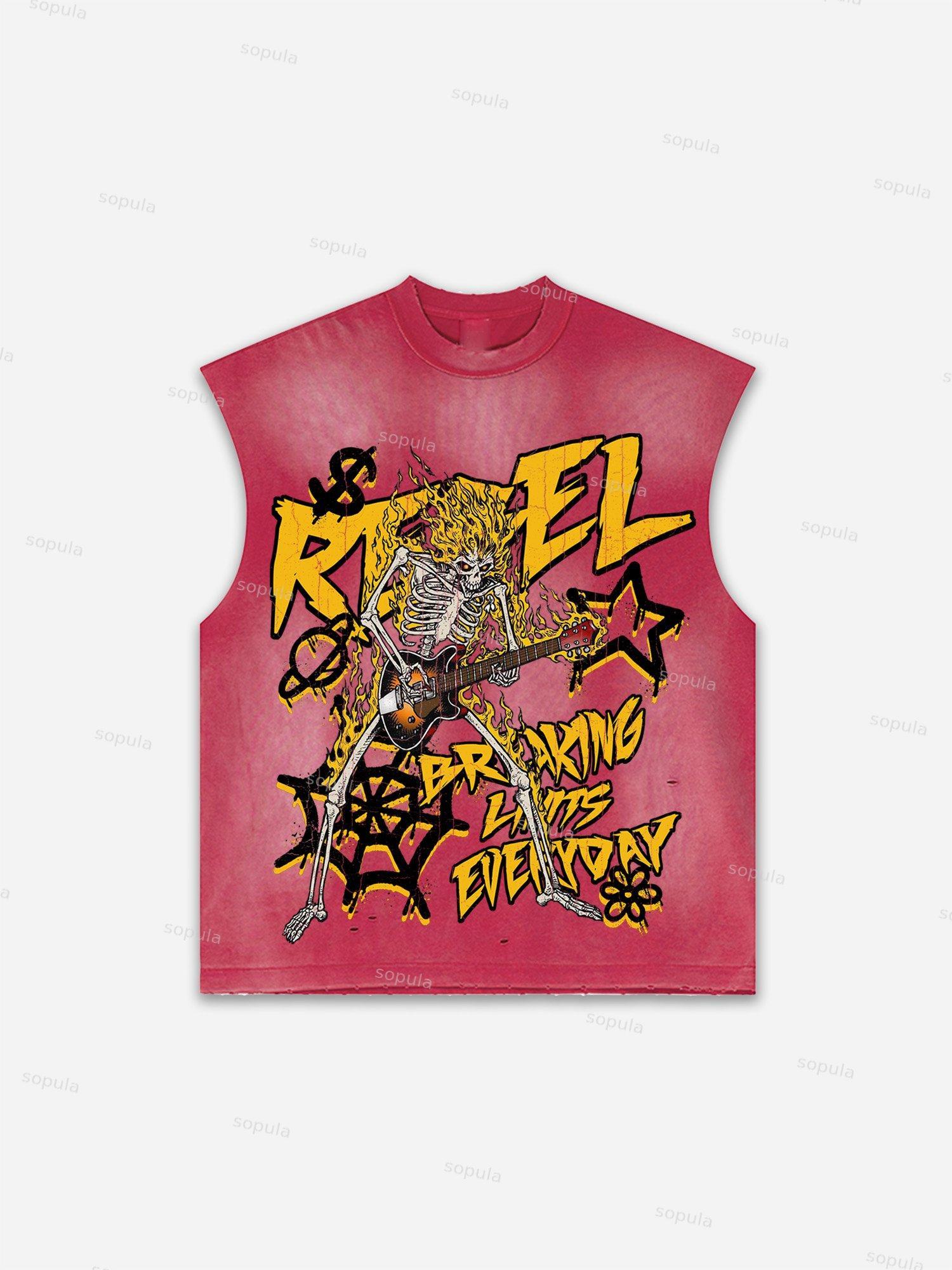 Flame Skull Graffiti Print Distressed Tank Top Product Image