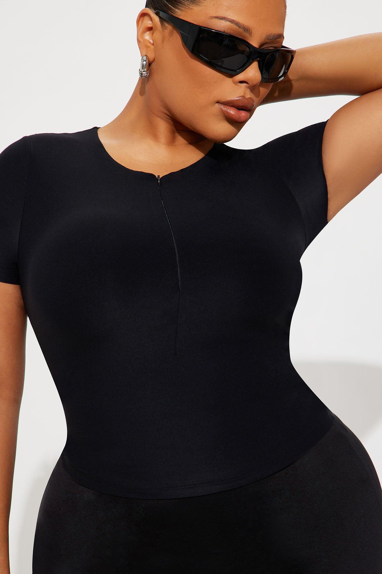 Second Skin Double Lined Zip Front Short Sleeve Top - Black Female Product Image