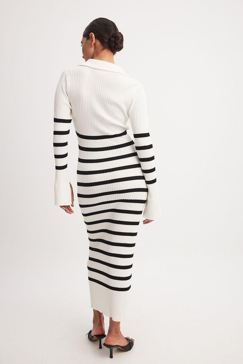 Striped Rib Knitted Trumpet Sleeve Dress Product Image