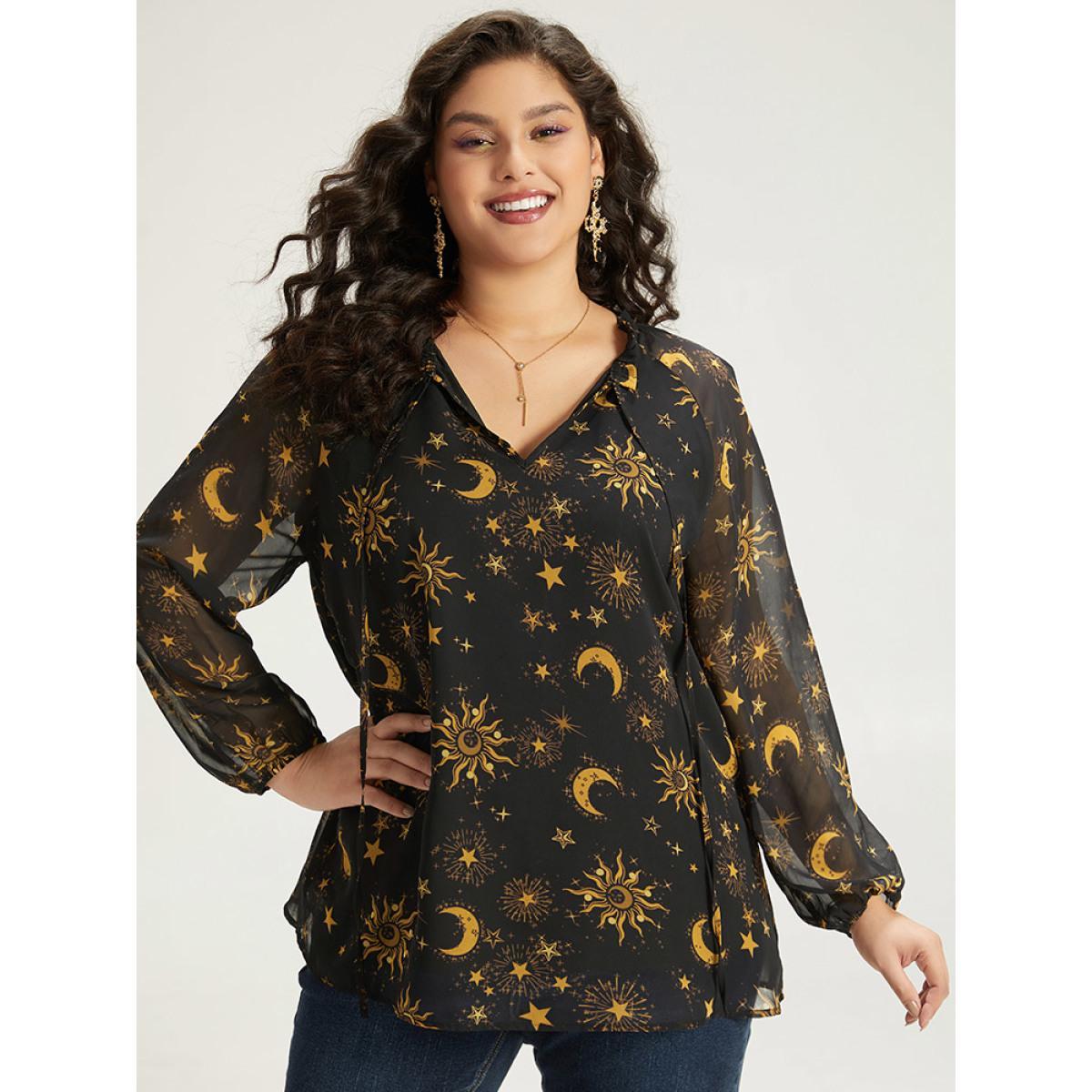 Plus Size Black Halloween Moon & Star Print Tie Neck Mesh Lantern Sleeve Blouse Women Elegant Long Sleeve Tie Neck Festival-Halloween Blouses BloomChic 14-16/1X Product Image