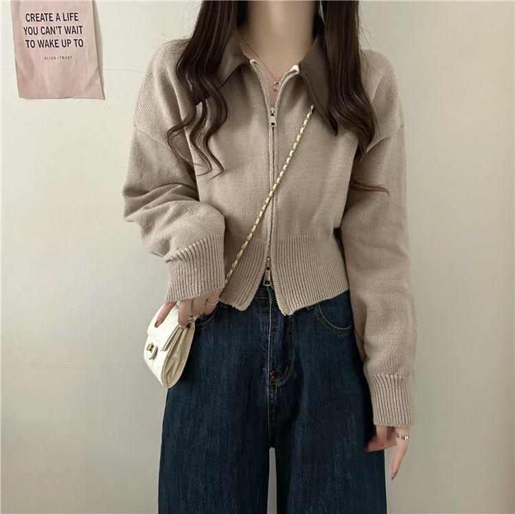 Contrast Faux Leather Collar Zip Cardigan Product Image