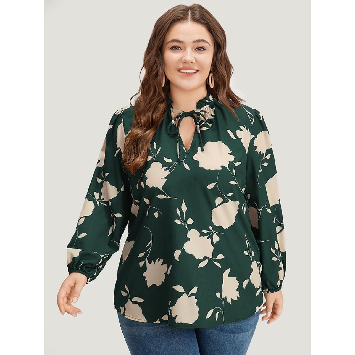 Plus Size DarkGreen Silhouette Floral Print Stand Collar Tie Neck Blouse Women Elegant Long Sleeve Tie Neck Dailywear Blouses BloomChic 12/L Product Image