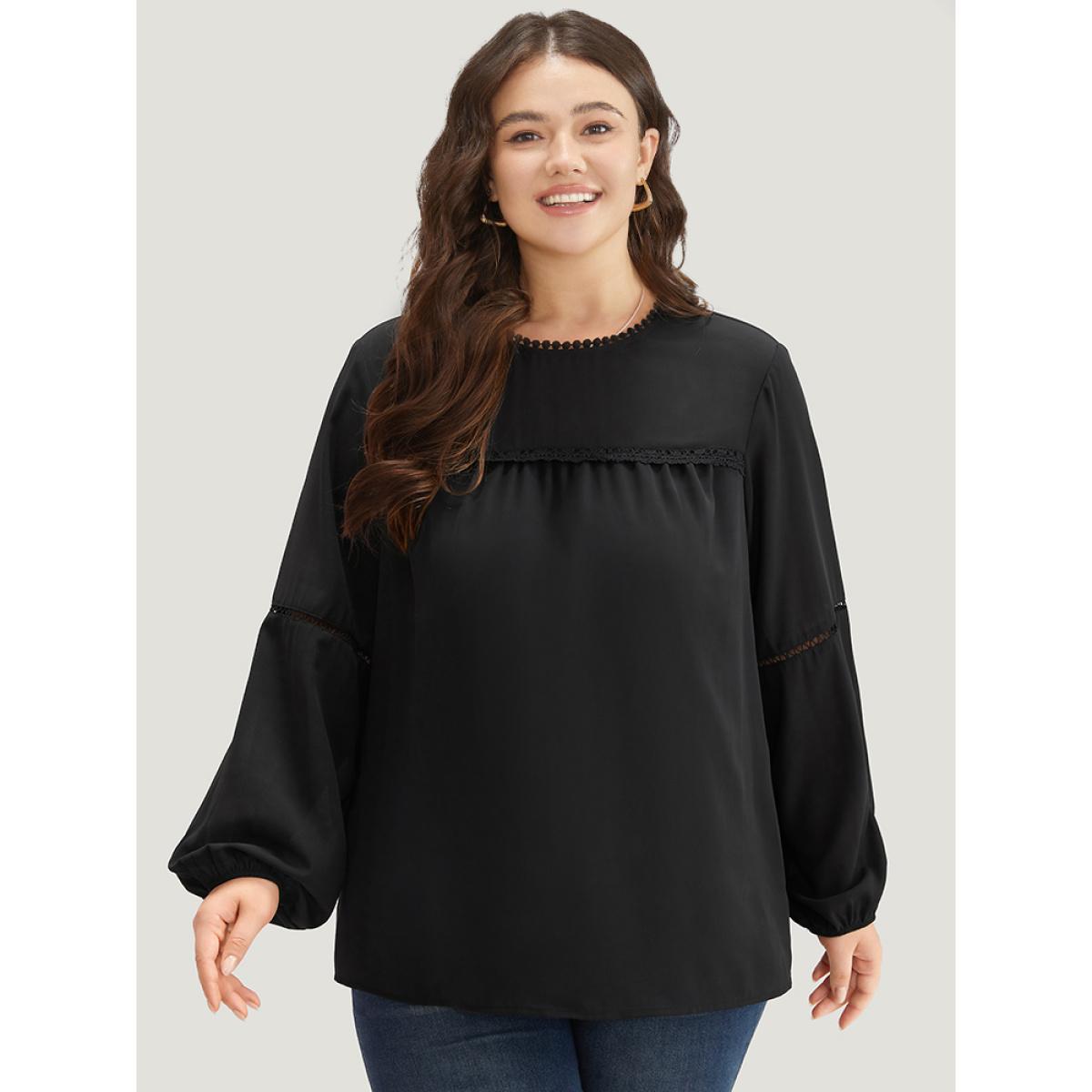 Plus Size Black Anti-Wrinkle Pompom Trim Guipure Lace Keyhole Blouse Women Office Long Sleeve Round Neck Dailywear Blouses BloomChic 14-16/1X Product Image