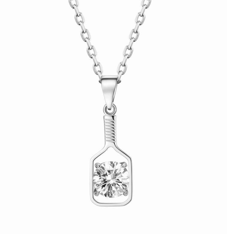 Pickleball Solitaire Paddle and Stone Silver  Necklace Product Image