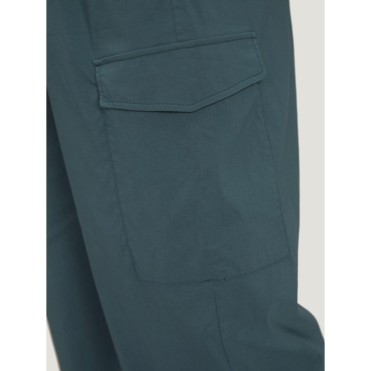 Plus Size Plain Drawstring Patched Pocket High Rise Pants Women DarkGreen Casual Straight Leg High Rise Dailywear Pants BloomChic 10/M Product Image