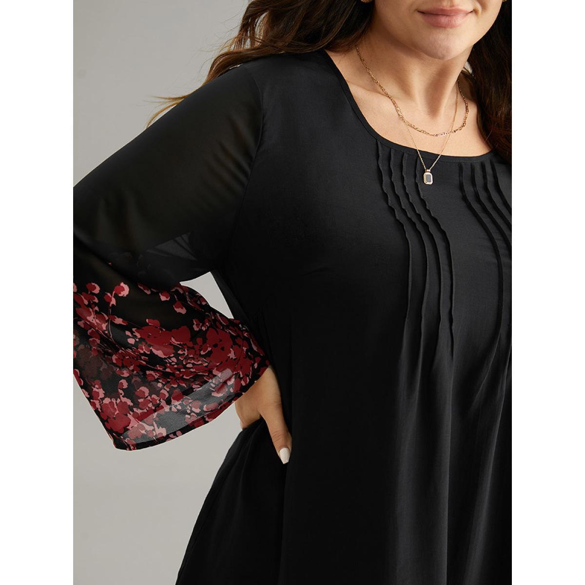 Plus Size Black Boho Print Pleated Mesh Ruffle Sleeve Blouse Women Vacation Long Sleeve Round Neck Dailywear Blouses BloomChic 18-20/2X Product Image