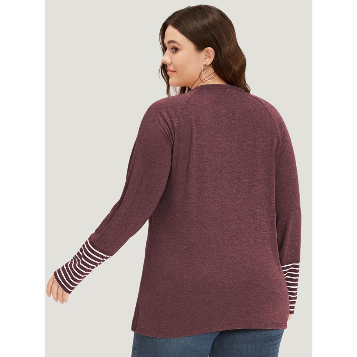 Plus Size Striped Patchwork Button Up Round Neck T-shirt Russet Women Casual Contrast Striped Round Neck Dailywear T-shirts BloomChic 28/5X Product Image