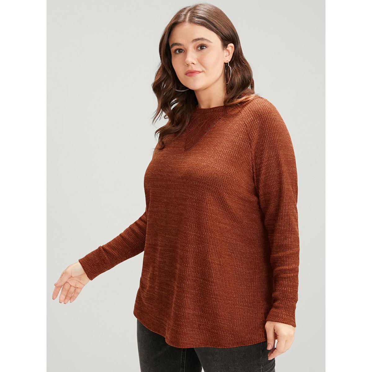 Plus Size Solid Contrast Lace Mock Neck Rib Knit Long Tee Russet Women Elegant Patchwork Plain Mock Neck Dailywear T-shirts BloomChic 14-16/1X Product Image