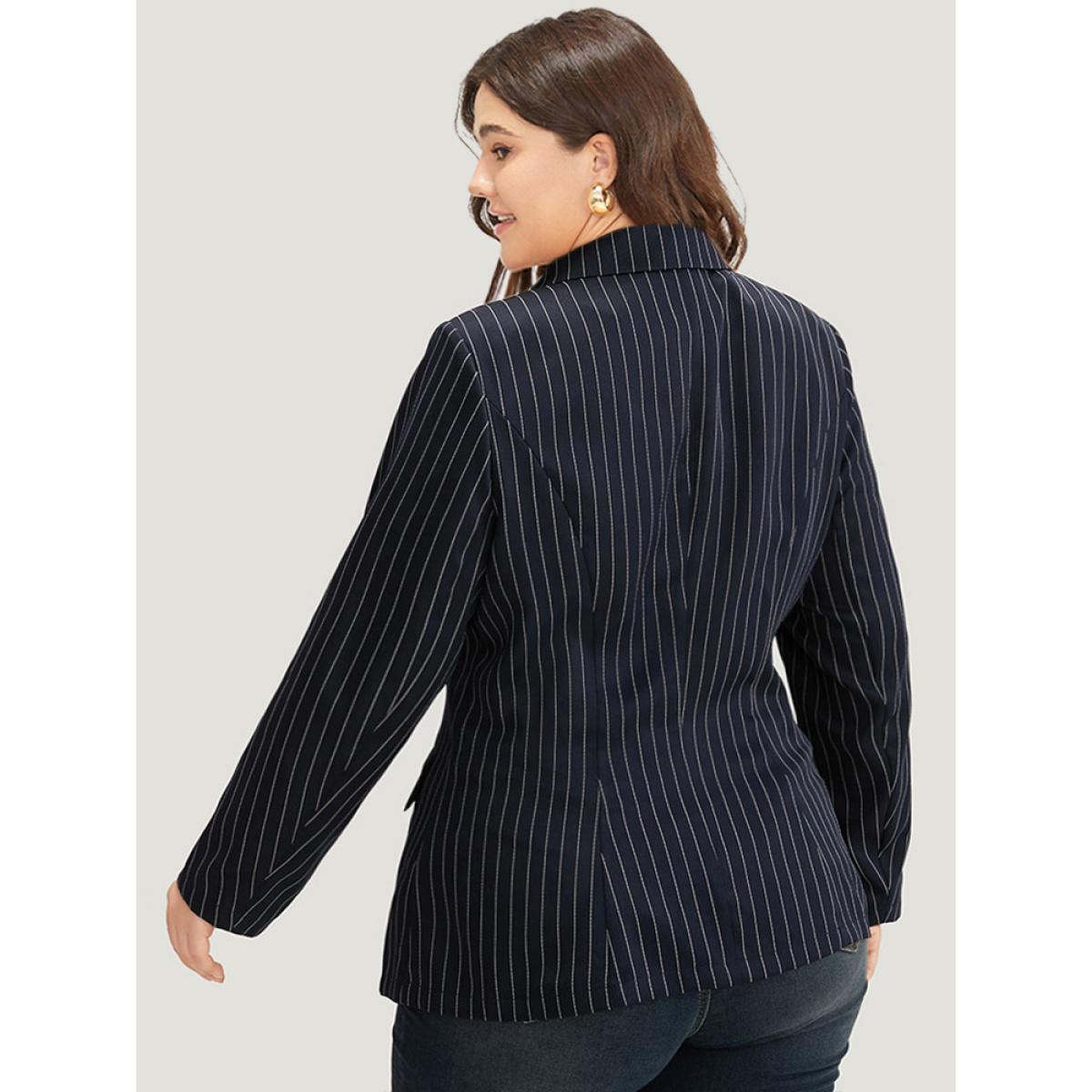 Plus Size Suit Collar Striped Double Breasted Blazer Blue Women Work Striped Button Sleeve Long Sleeve Suit Collar 12/L Pocket Office Blazers BloomChic Product Image