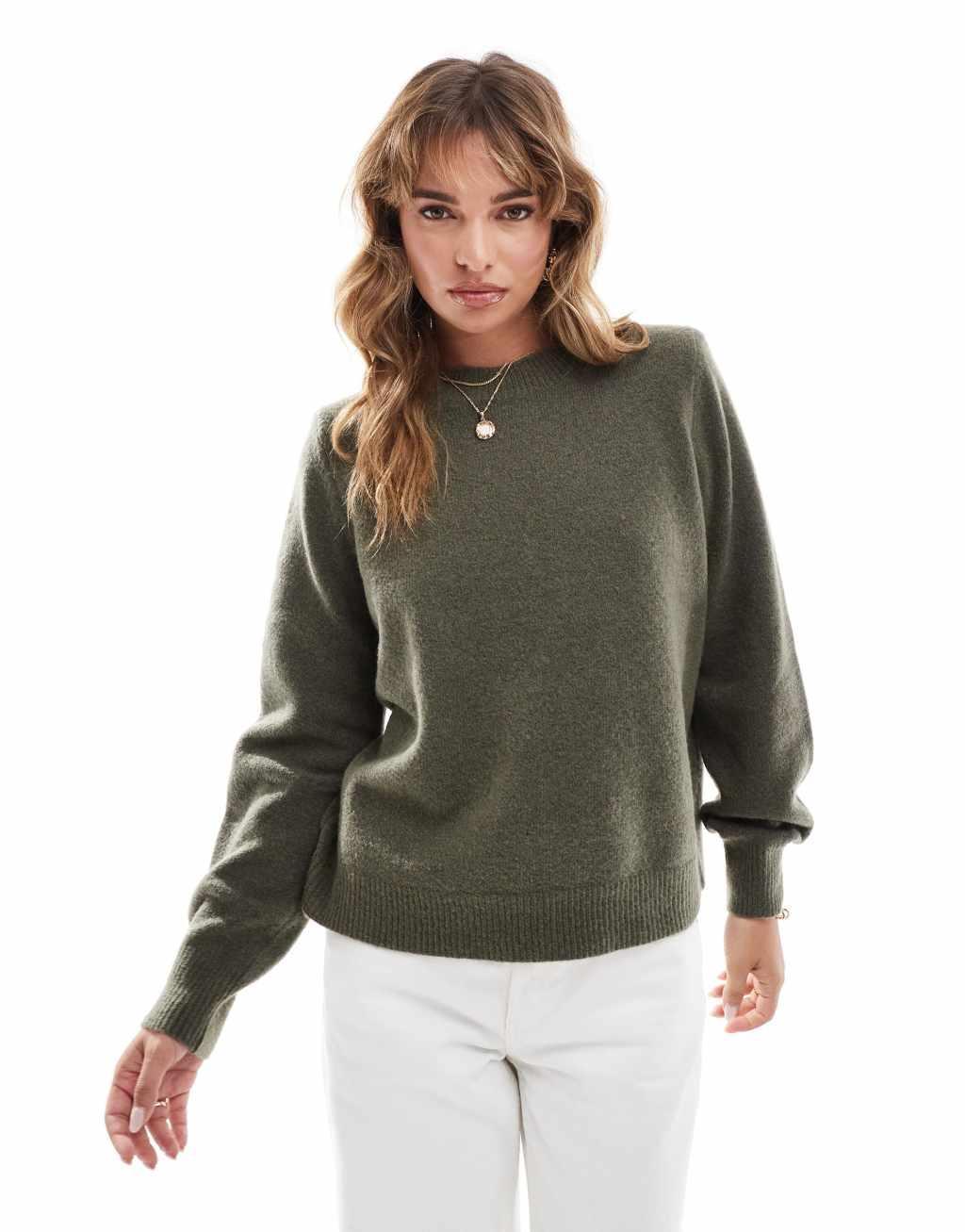 ASOS DESIGN compact crew neck sweater with shoulder pads in khaki Product Image