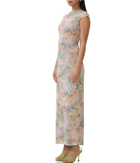 AFRM Cody Floral Print Mesh Crew Neck Cap Sleeve Maxi Dress Product Image