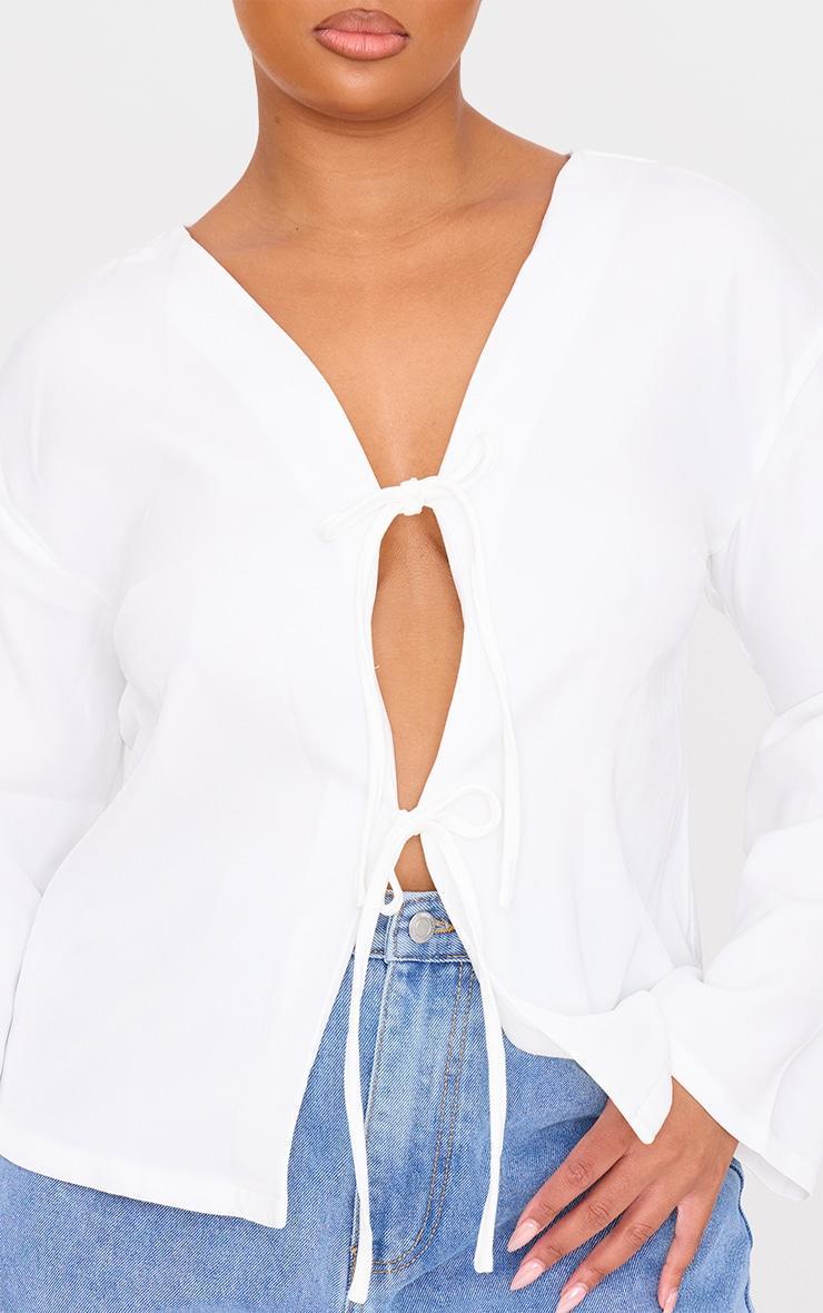 Plus White Woven Tie Front Flared Sleeve Shirt Product Image