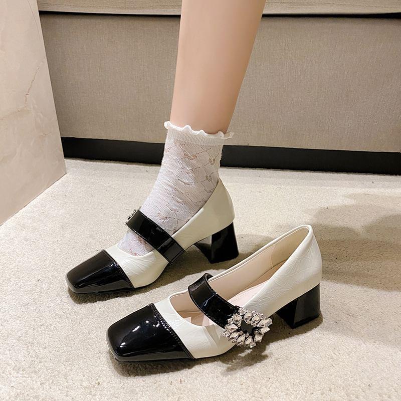 Chunky Heel Cap Toe Rhinestone Accent Faux Leather Mary Jane Pumps Product Image