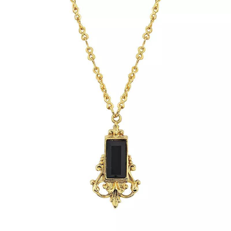 1928 Gold Tone Black Simulated Stone Filigree Pendant Necklace, Womens Product Image