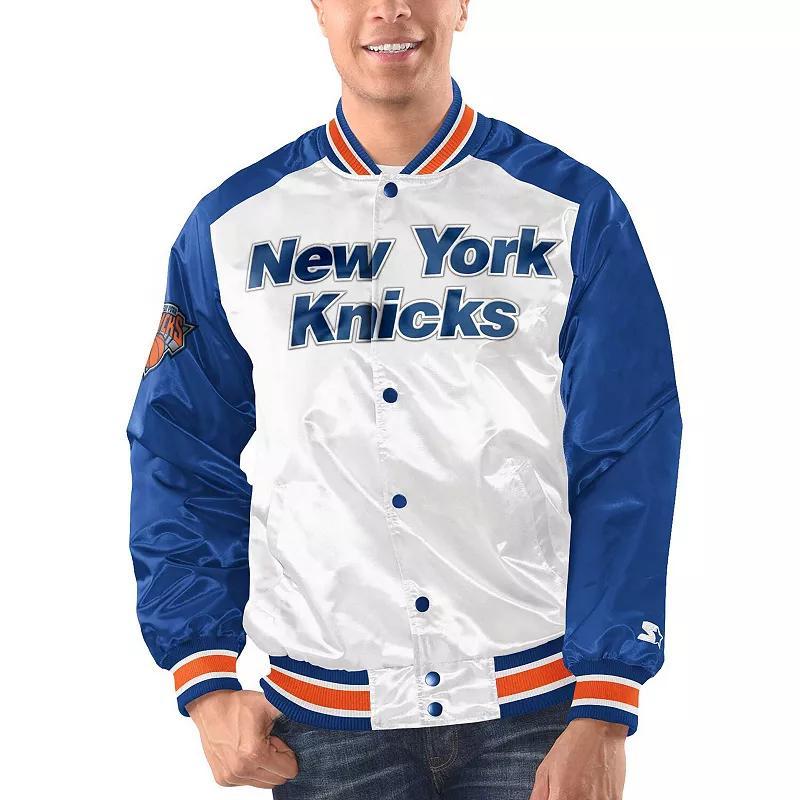 Men's Starter White/Blue New York Knicks Renegade Satin Full-Snap Varsity Jacket, Size: 2XL Product Image