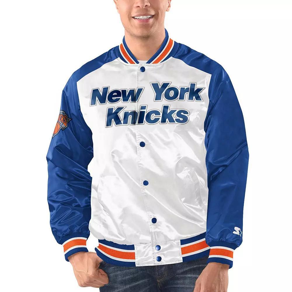 Men's Starter White/Blue New York Knicks Renegade Satin Full-Snap Varsity Jacket, Size: 2XL Product Image