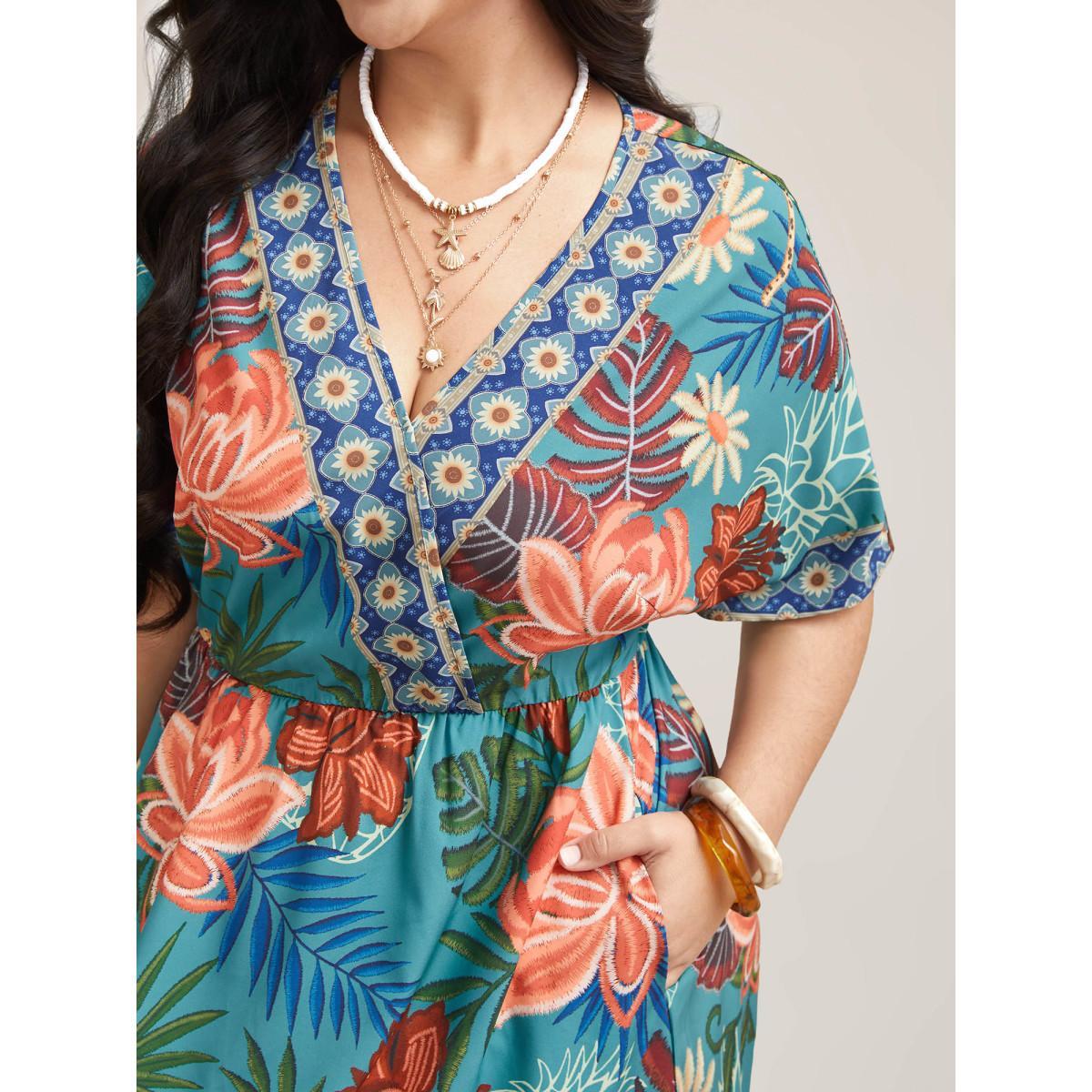 Plus Size Floral Print Surplice Neck Pockets Midi Dress Cerulean Women Resort Non Overlap Collar Short sleeve Curvy BloomChic 22-24/3X Product Image