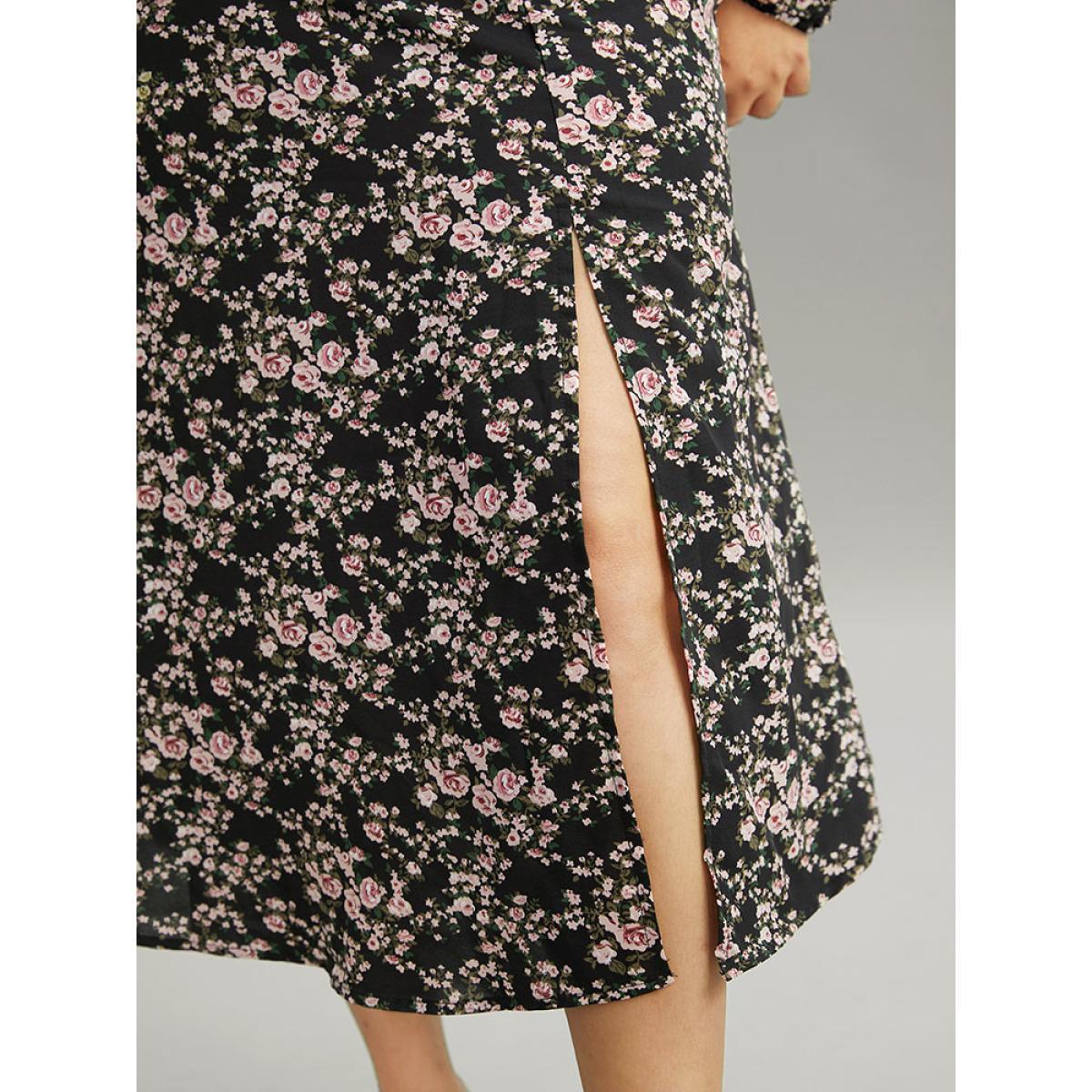 Plus Size Ditsy Floral Pocket Plicated Detail Split Side Dress Black Women Elegant Elastic cuffs Square Neck Long Sleeve Curvy Midi Dress BloomChic 28/5X Product Image
