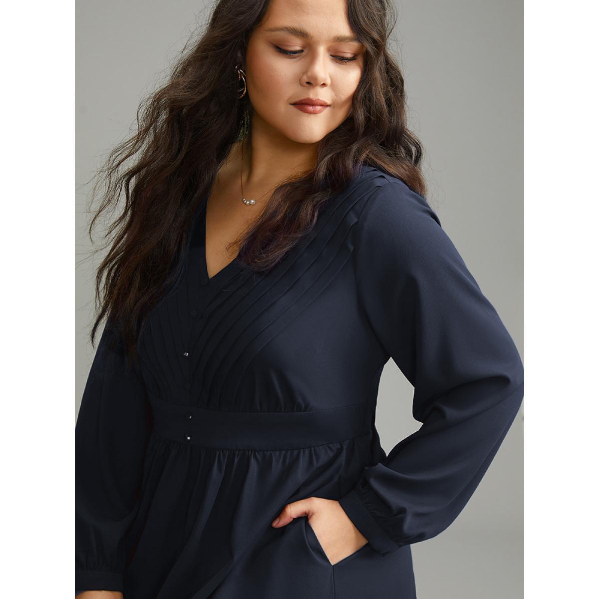 Plus Size Twill Pleated Beaded Long Sleeve Dress Burgundy Women Elegant Plain V-neck Long Sleeve Curvy Midi Dress BloomChic 12/L Product Image