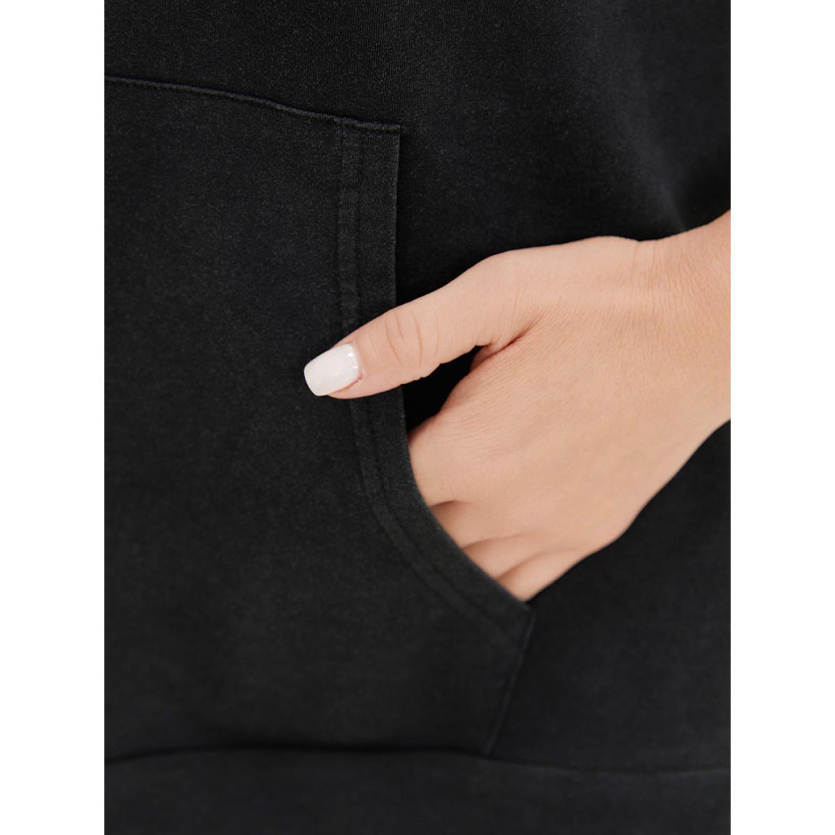 Plus Size Hooded Ties Pocket Batwing Sleeve T-shirt Black Women Casual Cross straps Plain Hooded Dailywear T-shirts BloomChic 10/M Product Image