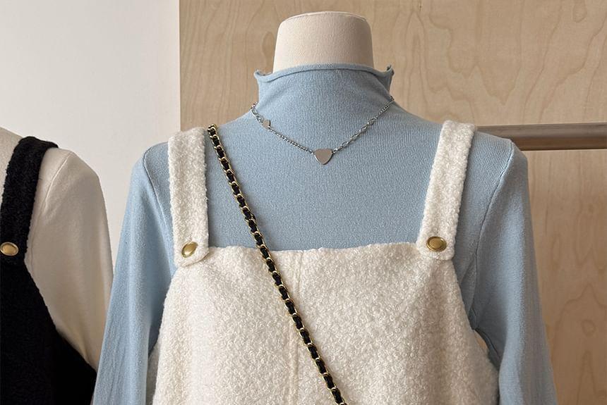 Set: Long-Sleeve Mock Neck Plain T-Shirt + Plain Mini Pinafore Dress Product Image