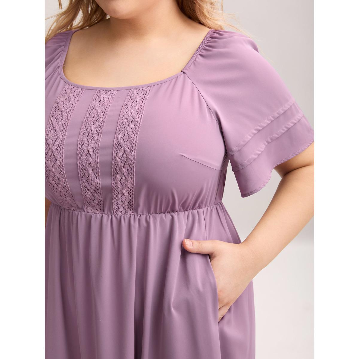 Plus Size Lace Trim Pockets Stretchy Waist Tiered Dress Heather Women Elegant Tucked seam Square Neck Short sleeve Curvy BloomChic 10/M Product Image