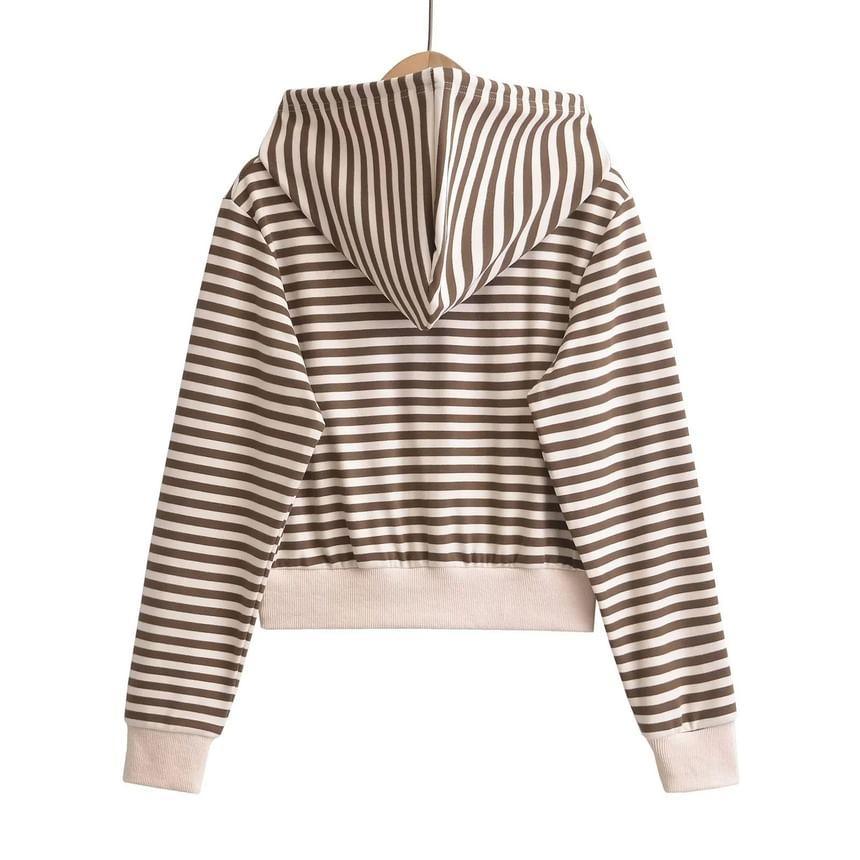 Drawstring Striped Zip Cropped Hoodie Product Image