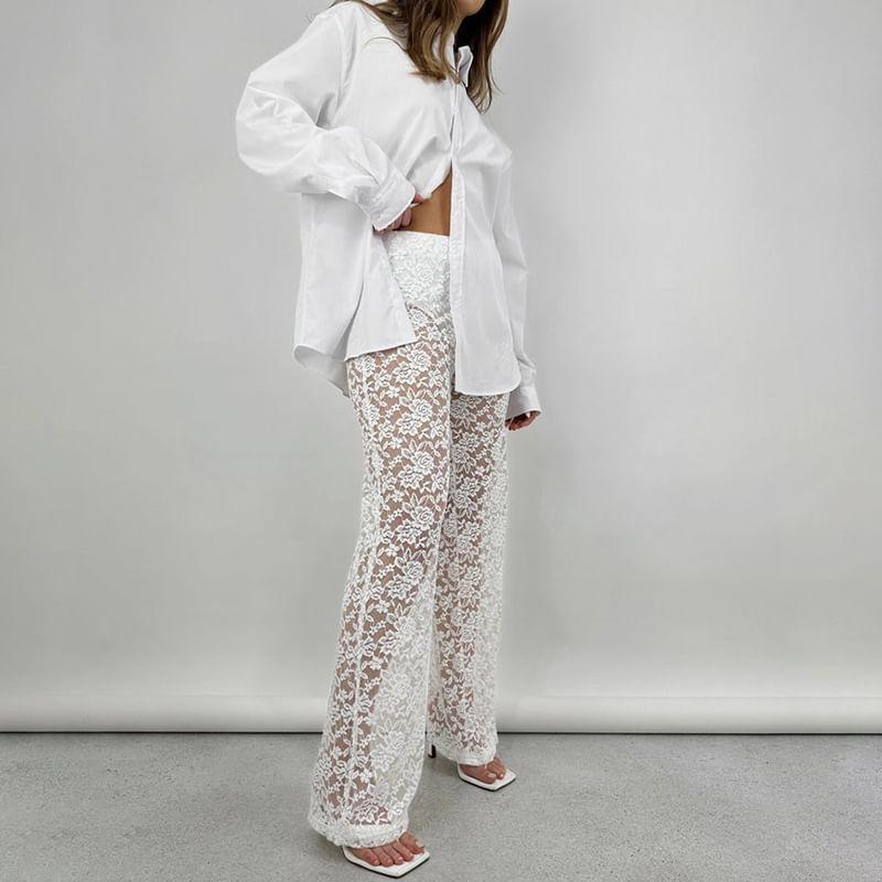 Mid Rise Floral Lace Straight Leg Pants Product Image