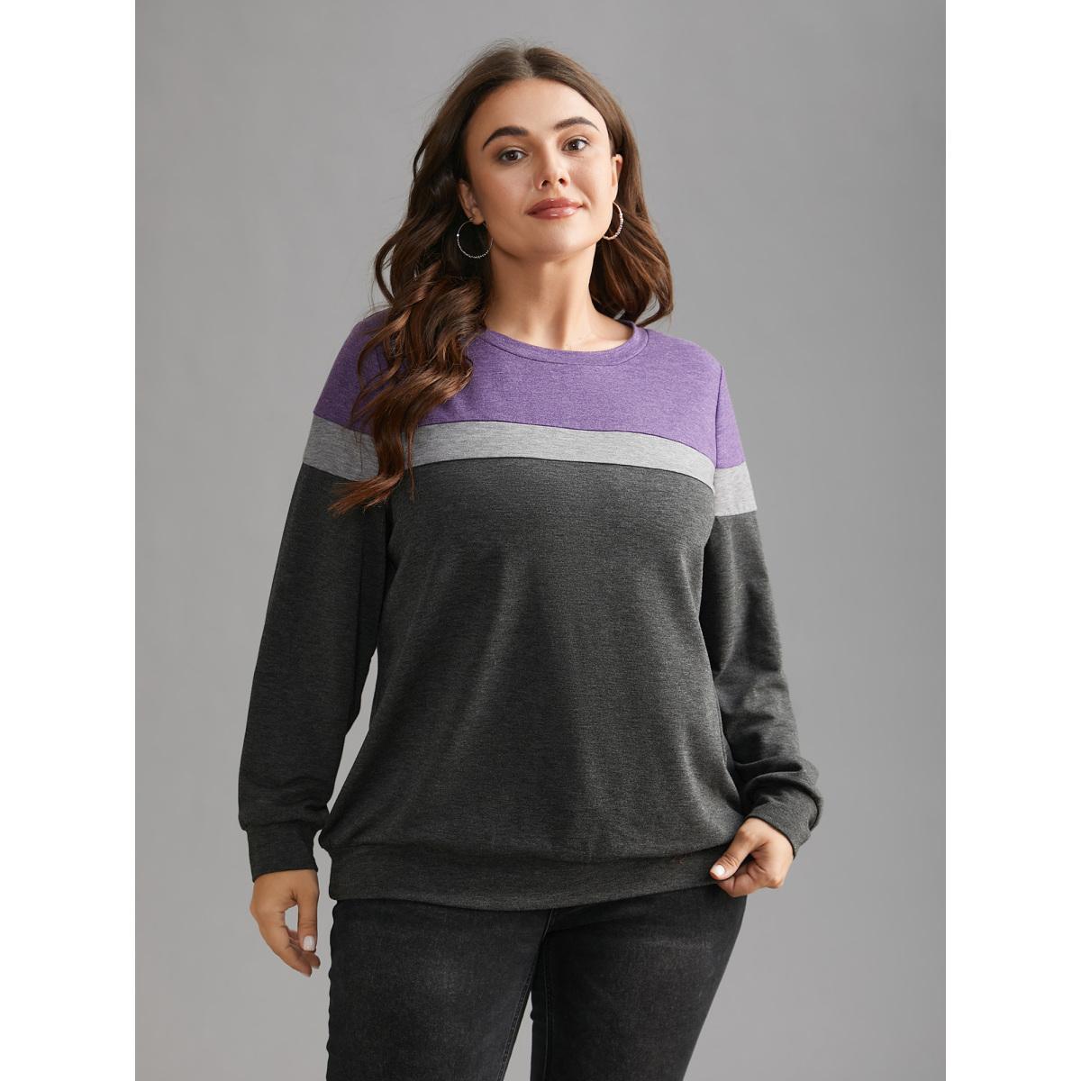 Plus Size Colorblock Contrast Round Neck Sweatshirt Women DimGray Casual Contrast Loose Round Neck Everyday Sweatshirts BloomChic 10/M Product Image