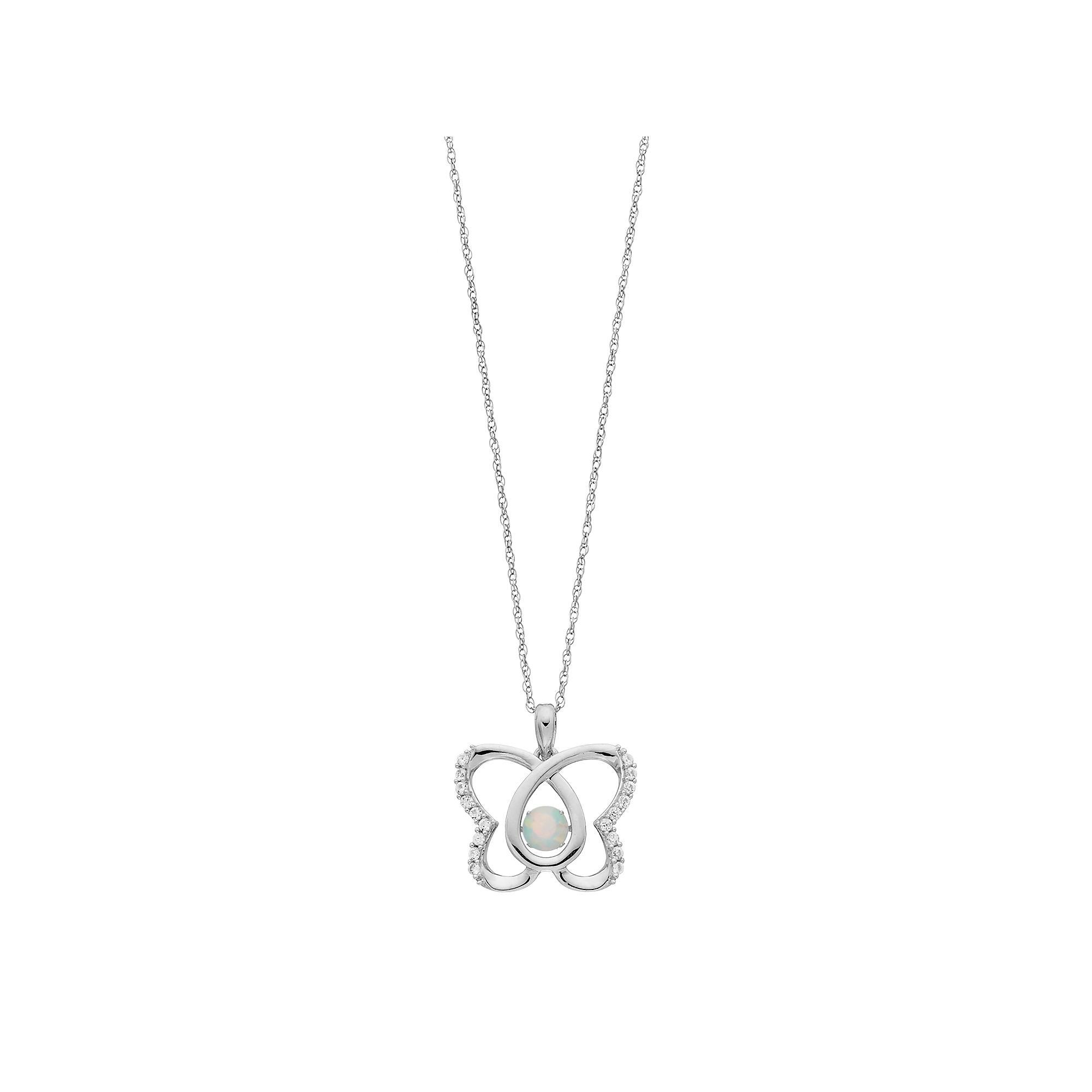 Sterling Silver Lab-Created Opal & White Sapphire Butterfly Pendant, Women's, Size: 18" Product Image