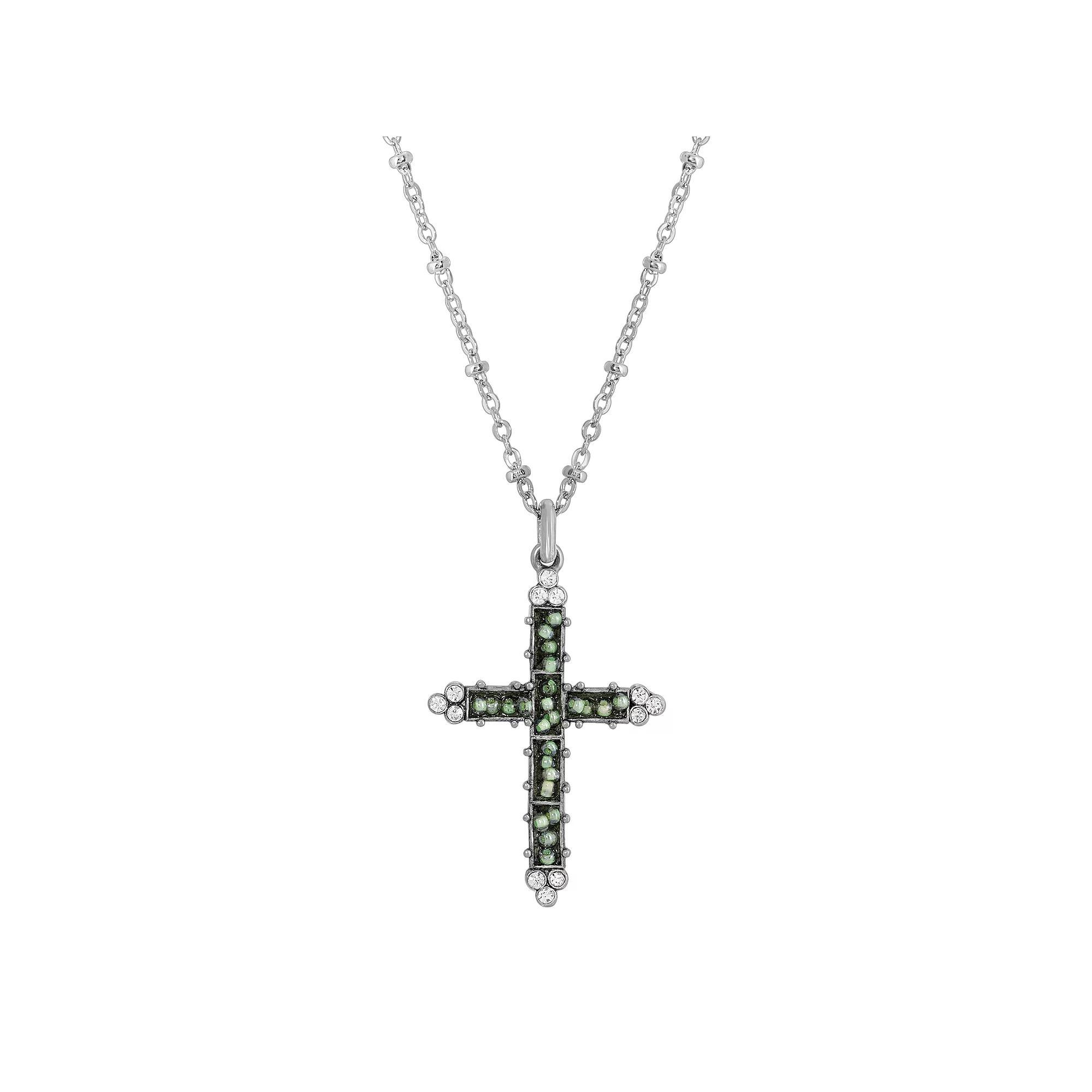 1928 Pewter Cross Seed Beaded Necklace, Womens, Turquoise Product Image