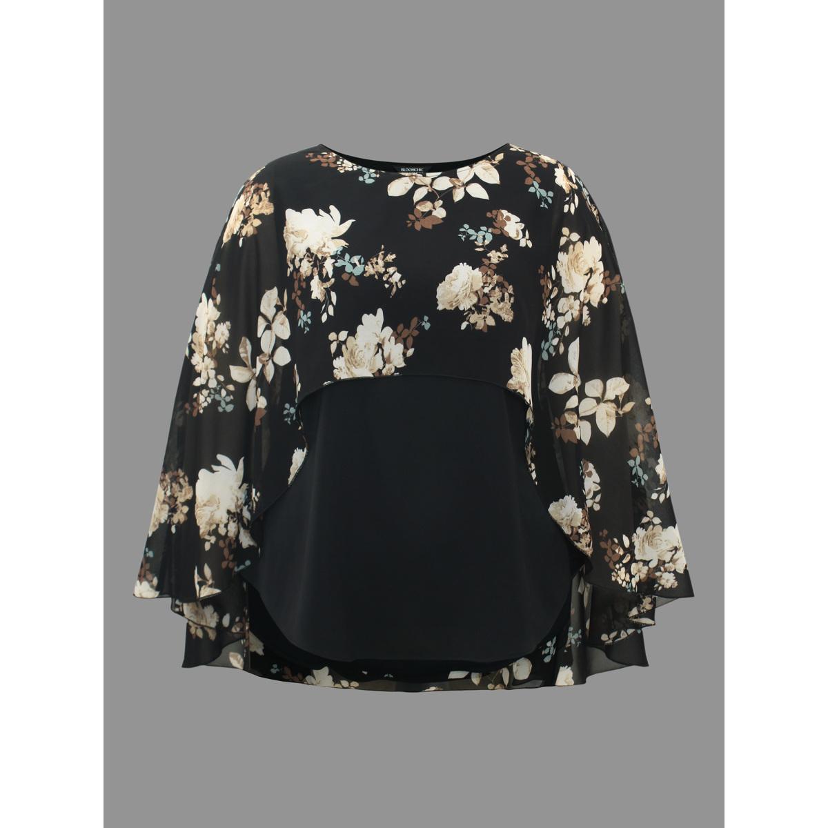 Plus Size Black Floral Chiffon High Low Hem Ruffles Blouse Women Elegant Three Quater Length Sleeve Round Neck Everyday Blouses BloomChic 28/5X Product Image
